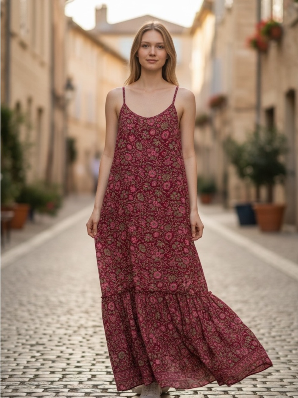 Sleeveless Floral Maxi Dress in Burgundy W/Pockets